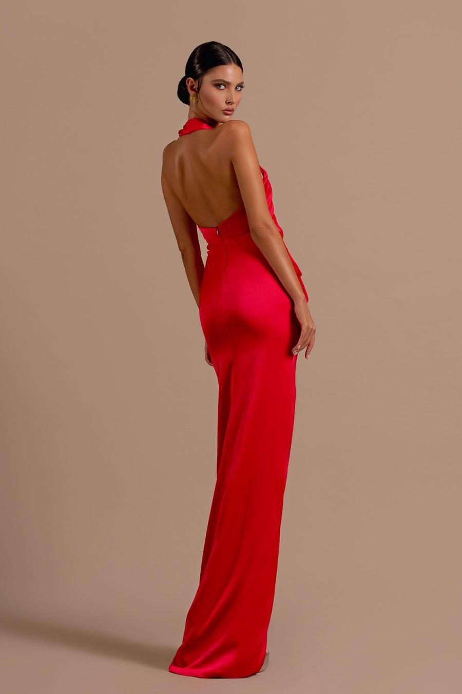 Red Halter Sleeveless Backless Long Prom Dress With Front Split BMBRIDE