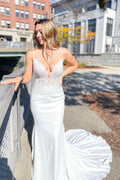 Modern Mermaid Wedding Dress Spaghetti-Straps Sweetheart Open Back Lace Appliques BM bride