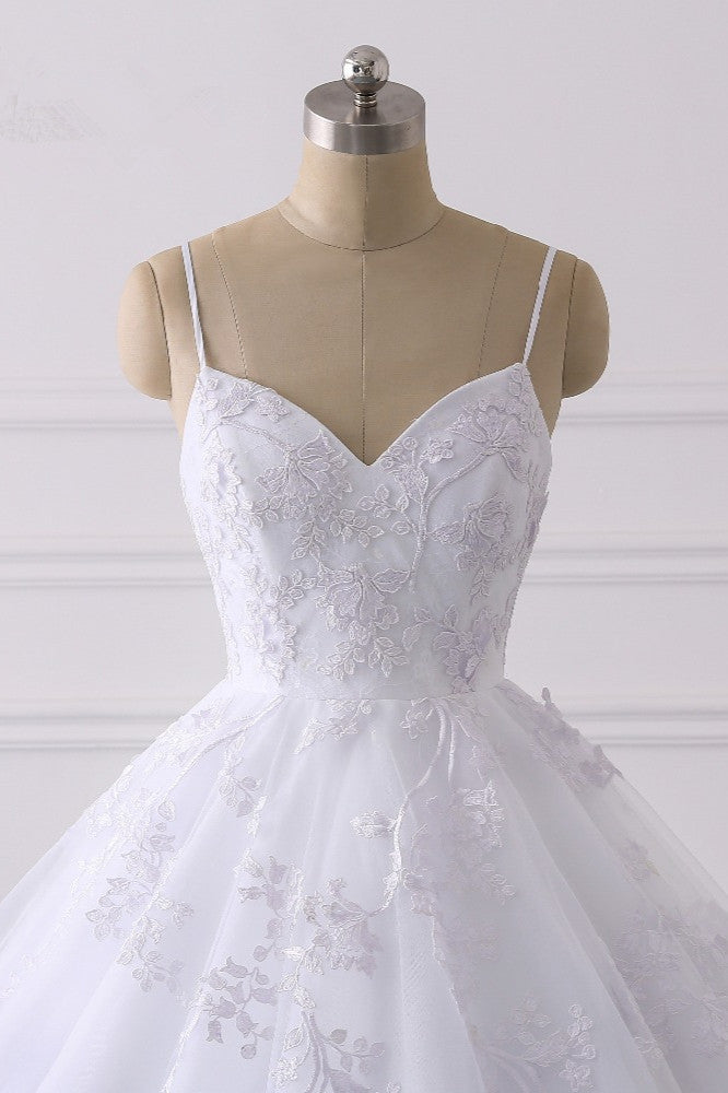 Spaghetti Strap V-Neck Tulle Wedding Dress with Lace Appliques BM bride