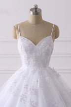 Spaghetti Strap V-Neck Tulle Wedding Dress with Lace Appliques BM bride