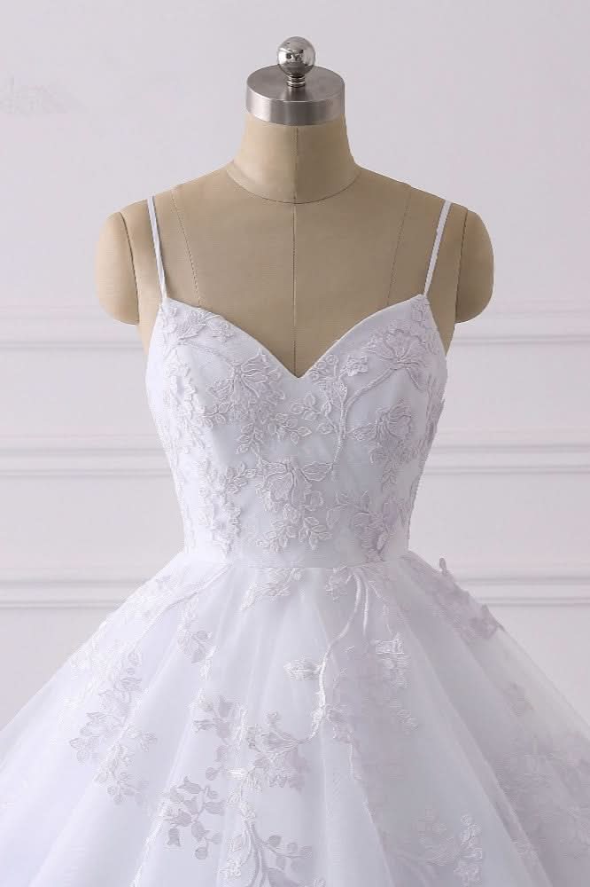 Spaghetti Strap V-Neck Tulle Wedding Dress with Lace Appliques BM bride