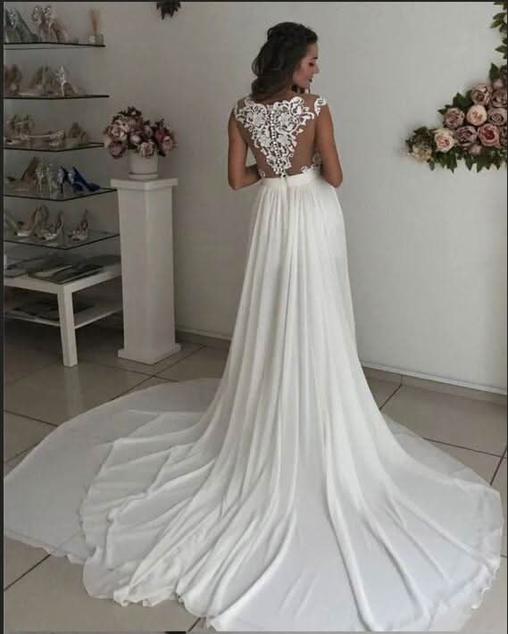 A-Line V-Neck Long Wedding Dress with Chiffon Lace and Slit BM bride