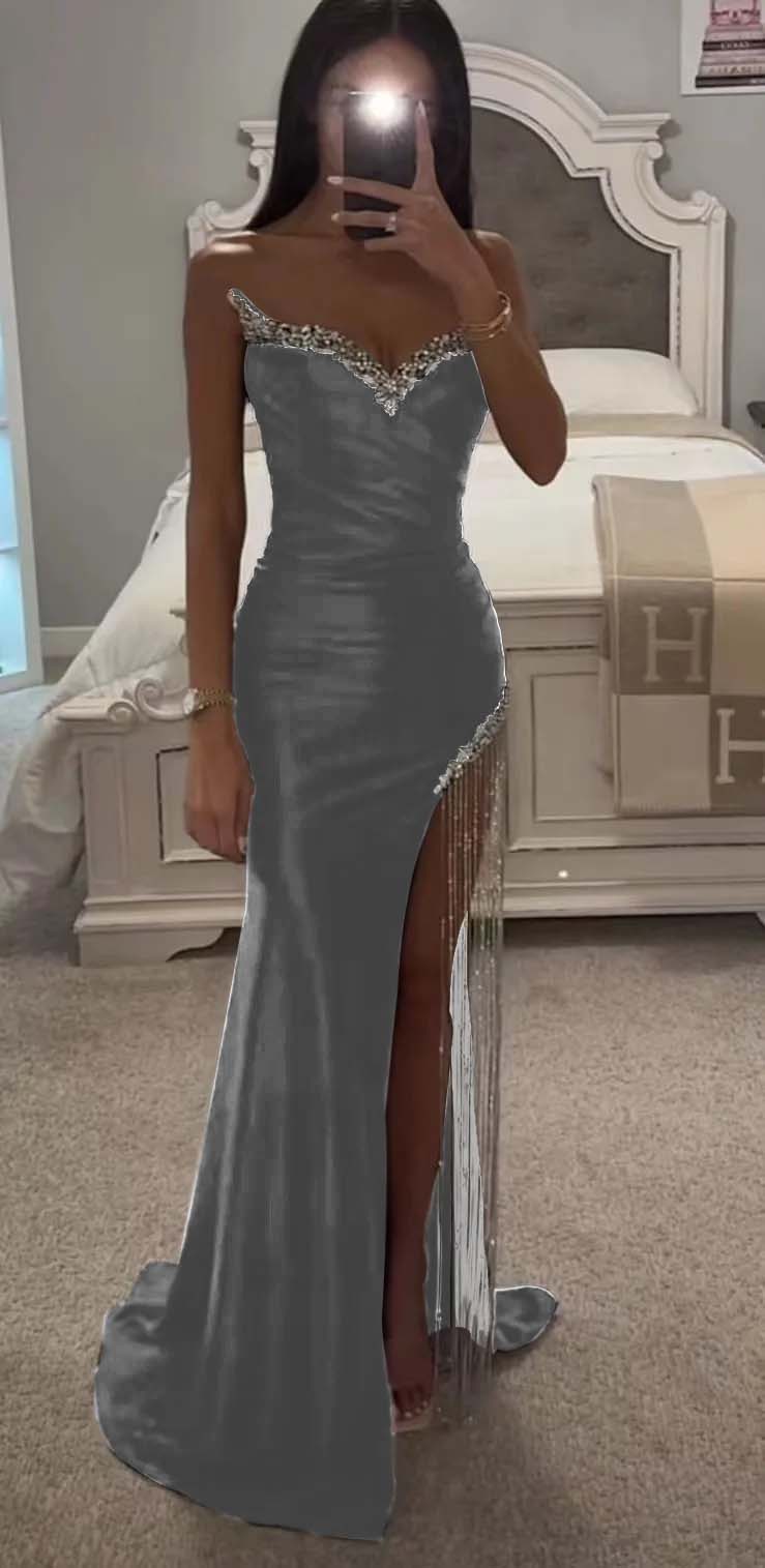 Strapless Sleeveless Long Mermaid Prom Dress With Split Tassel Beading BMBRIDE