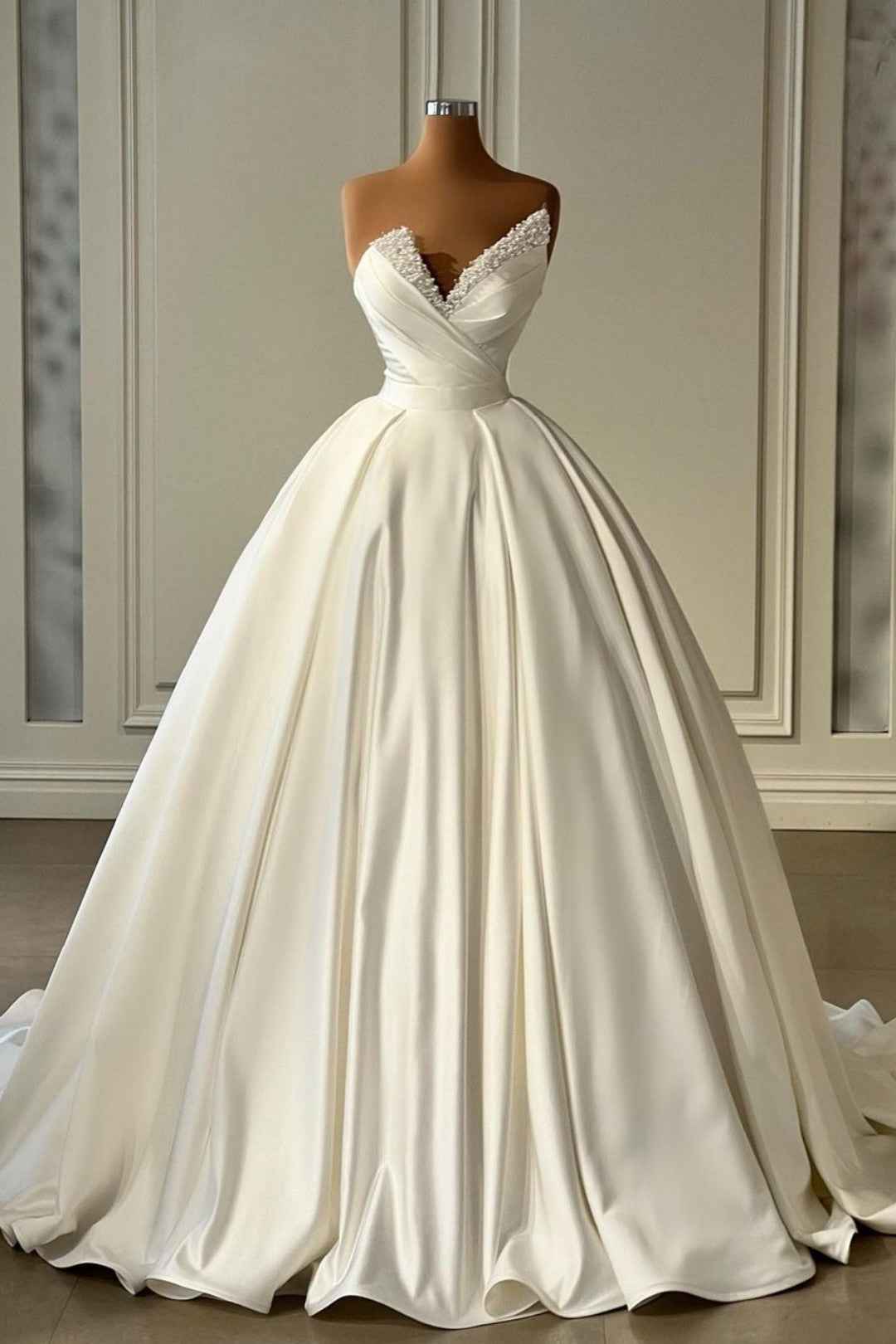 Charmeuse Sleeveless White Wedding Dress with Beading BM bride