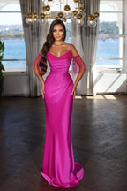 Charming Fuchsia Spaghetti Strap Tassel Sequins Applique Pleated Evening Dress BM bride