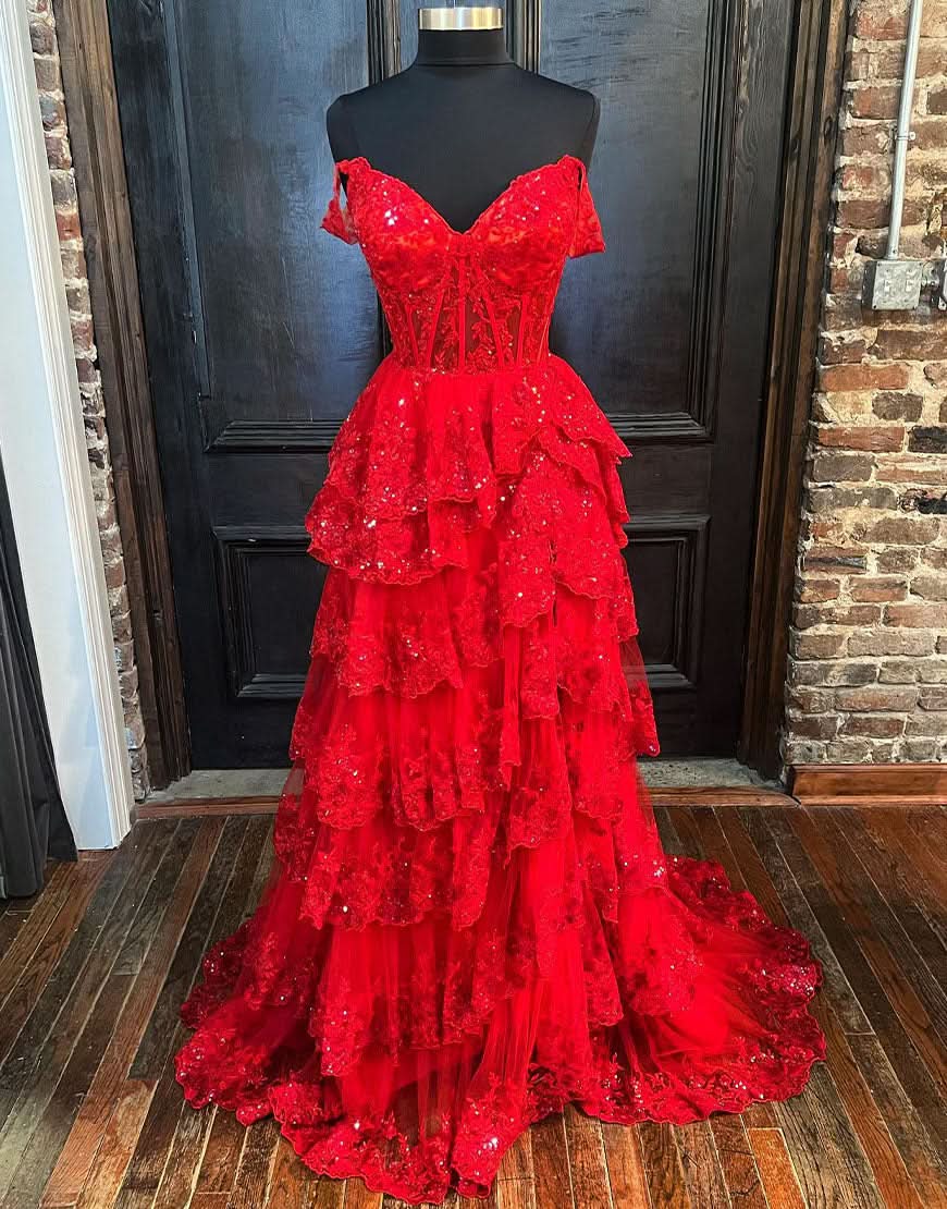 Stunning Red Princess A-Line Off the Shoulder Corset Prom Dress with Lace Ruffles BM bride