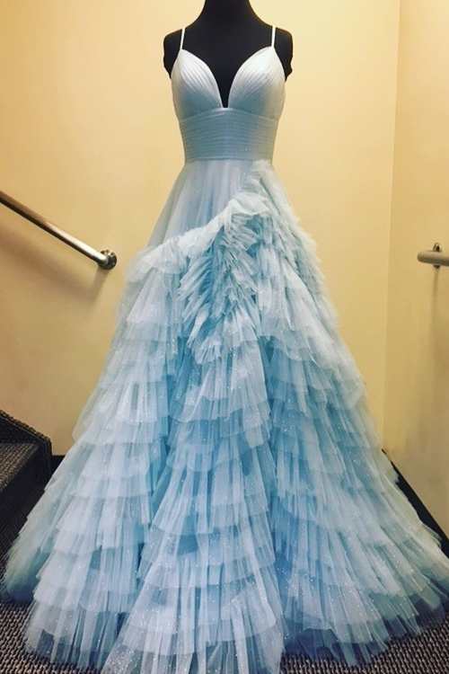 Charming A-Line Spaghetti Straps Tiered Tulle Prom Dress BM bride