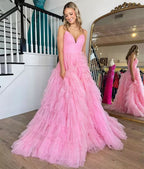Charming A-Line Spaghetti Straps Tiered Tulle Prom Dress BM bride