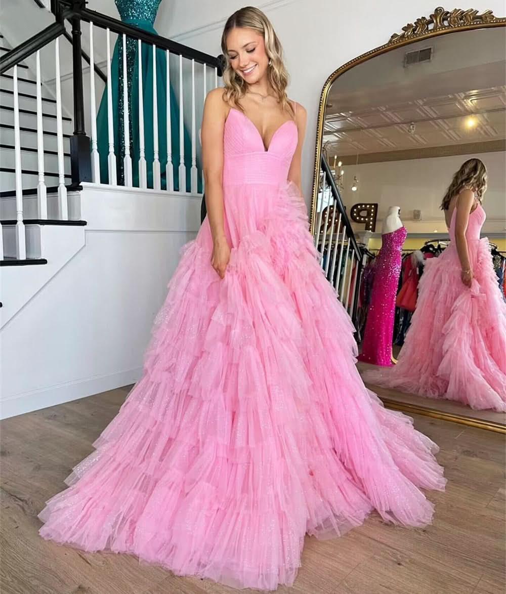 Charming A-Line Spaghetti Straps Tiered Tulle Prom Dress BM bride