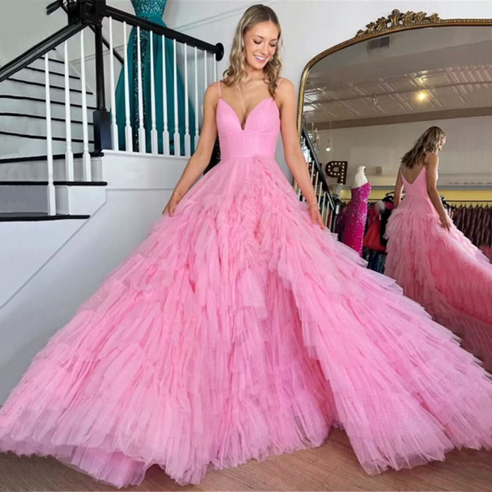 Charming A-Line Spaghetti Straps Tiered Tulle Prom Dress BM bride