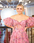 Lovely A-Line Off-The-Shoulder Floral Tulle Prom Dress BM bride