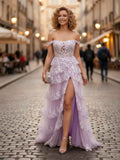 A-Line Off The Shoulder Appliques LaceTulle Corset Prom Dress with Slit