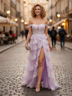 A-Line Off The Shoulder Appliques LaceTulle Corset Prom Dress with Slit