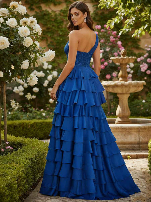 A-Line One-Shoulder Stretch Satin Ruffle Slit Prom Dress with Beaded Appliques BMBRIDE