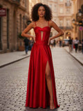 A-Line Pleated Corset Prom Dress with Slit Detachable Straps