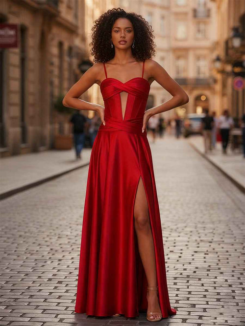 A-Line Pleated Corset Prom Dress with Slit Detachable Straps BMBRIDE