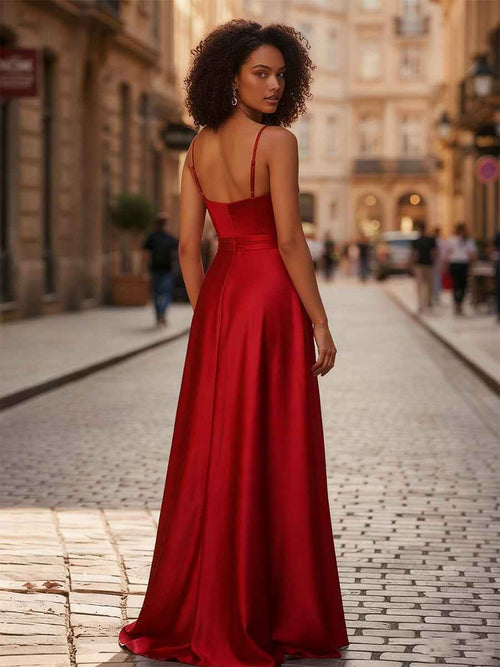 A-Line Pleated Corset Prom Dress with Slit Detachable Straps BMBRIDE