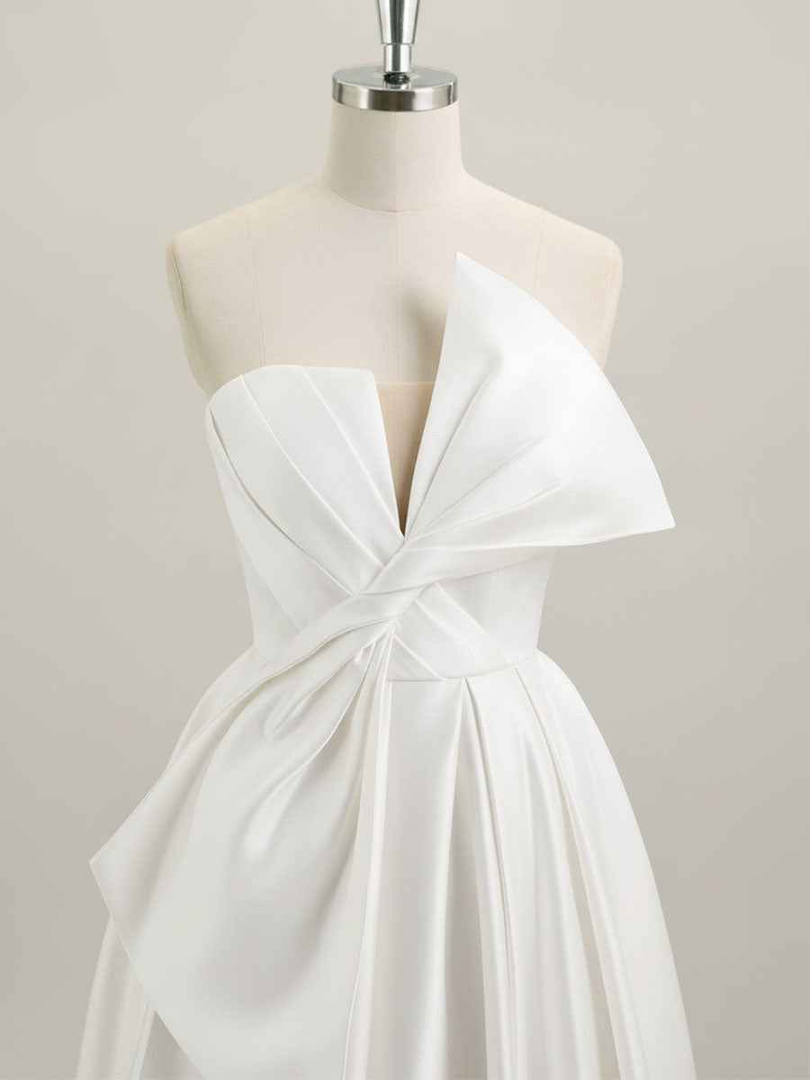 A-Line Strapless Floor-Length Satin Prom Dress with Bow