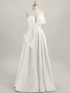 A-Line Strapless Floor-Length Satin Prom Dress with Bow