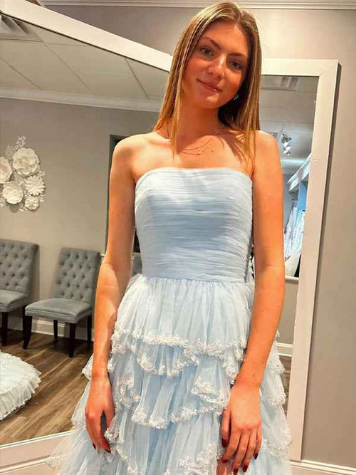 Glitter Light Blue A-Line Strapless Tulle Long Prom Dress with Ruffled Skirt BMBRIDE