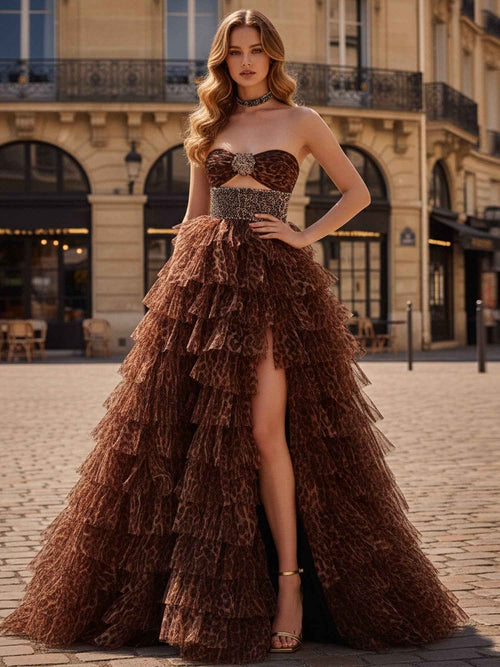 A-Line Sweetheart Leopard Print Ruffles Tulle Prom Dress BMBRIDE