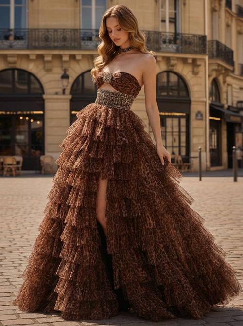 A-Line Sweetheart Leopard Print Ruffles Tulle Prom Dress BMBRIDE