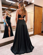 Lovely A-Line V-Neck Satin Prom Dress with Slit BM bride