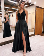 Lovely A-Line V-Neck Satin Prom Dress with Slit BM bride