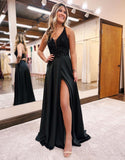 Elegant Black A-Line V-Neck Satin Prom Dress with Slit BM bride