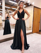 Elegant Black A-Line V-Neck Satin Prom Dress with Slit BM bride
