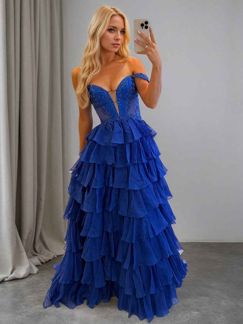 A Line Lace Embroidery Tiered Long Prom Dress with Slit BMBRIDE