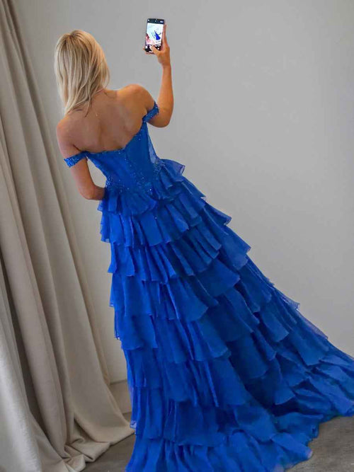 A Line Lace Embroidery Tiered Long Prom Dress with Slit BMBRIDE