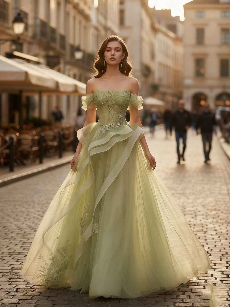 A Line Off-the-Shoulder Appliques Lace Tulle Long Corset Prom Dress