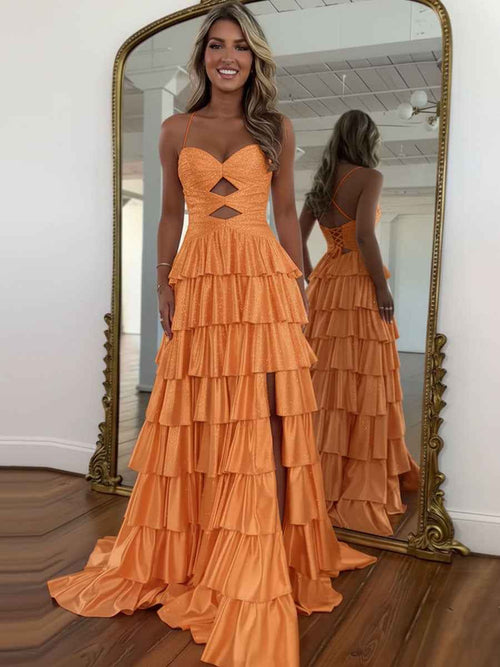 A Line Spaghetti Straps Sweetheart Satin Long Prom Dress with Keyhole BMBRIDE