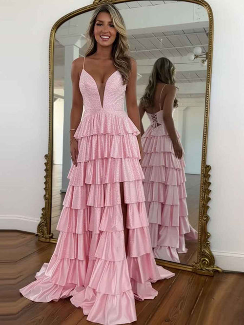 A Line Spaghetti Straps V Neck Satin Long Prom Dress with Slit BMBRIDE