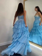 A Line Sweetheart Tiered Chiffon Long Prom Dress with Beading
