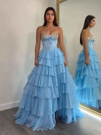 A Line Sweetheart Tiered Chiffon Long Prom Dress with Beading