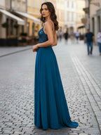 A Line V-Neck Appliques Lace Chiffon Corset Prom Dress with Slit