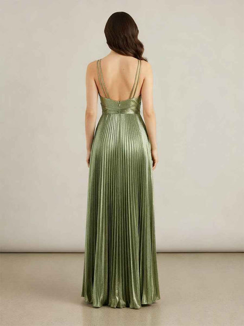 A Line V-Neck Long Prom Dresses with Pleated BMBRIDE