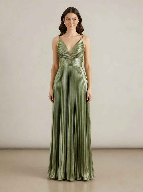 A Line V-Neck Long Prom Dresses with Pleated BMBRIDE