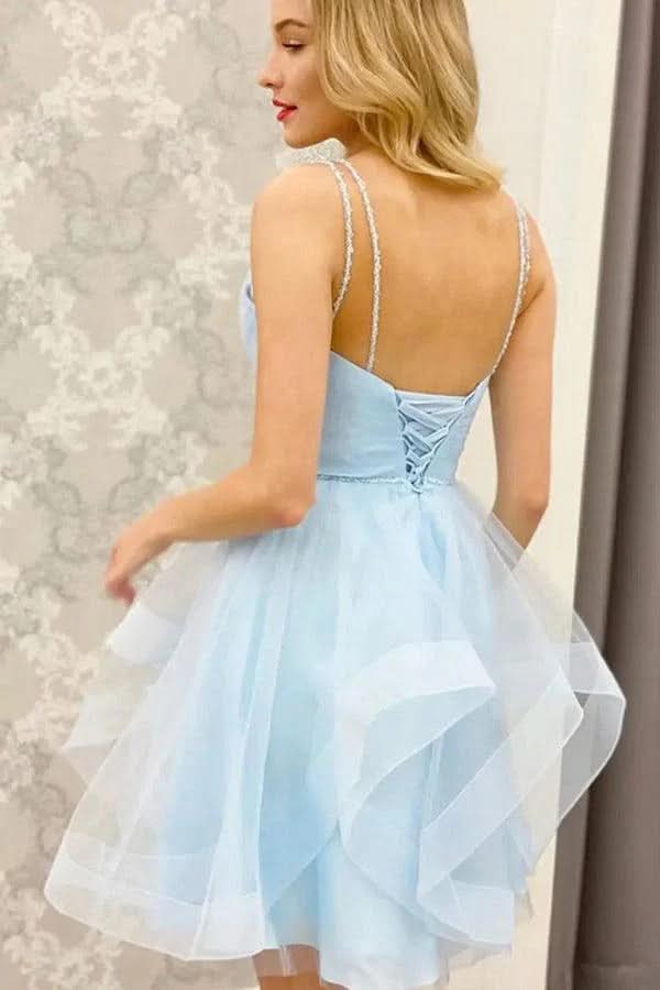 Stylish A-Line V Neck Light Blue Short Homecoming Dress BM bride