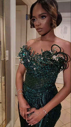 Emerald Enchantment - Sequined Prom Dress with 3D Florals & Spiral Details