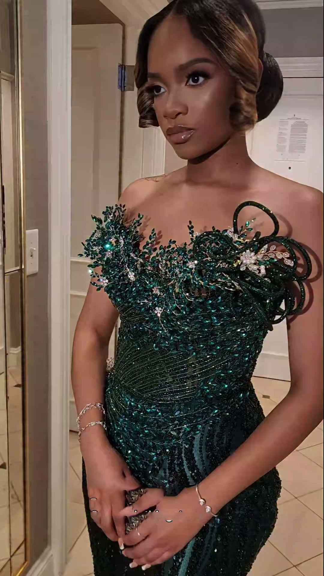 Emerald Enchantment - Sequined Prom Dress with 3D Florals & Spiral Details