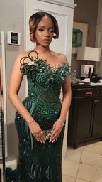 Emerald Enchantment - Sequined Prom Dress with 3D Florals & Spiral Details