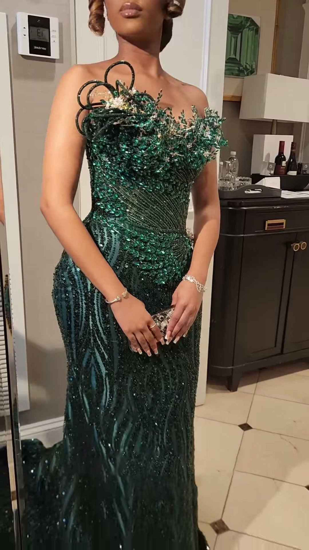 Emerald Enchantment - Sequined Prom Dress with 3D Florals & Spiral Details