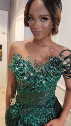 Emerald Enchantment - Sequined Prom Dress with 3D Florals & Spiral Details