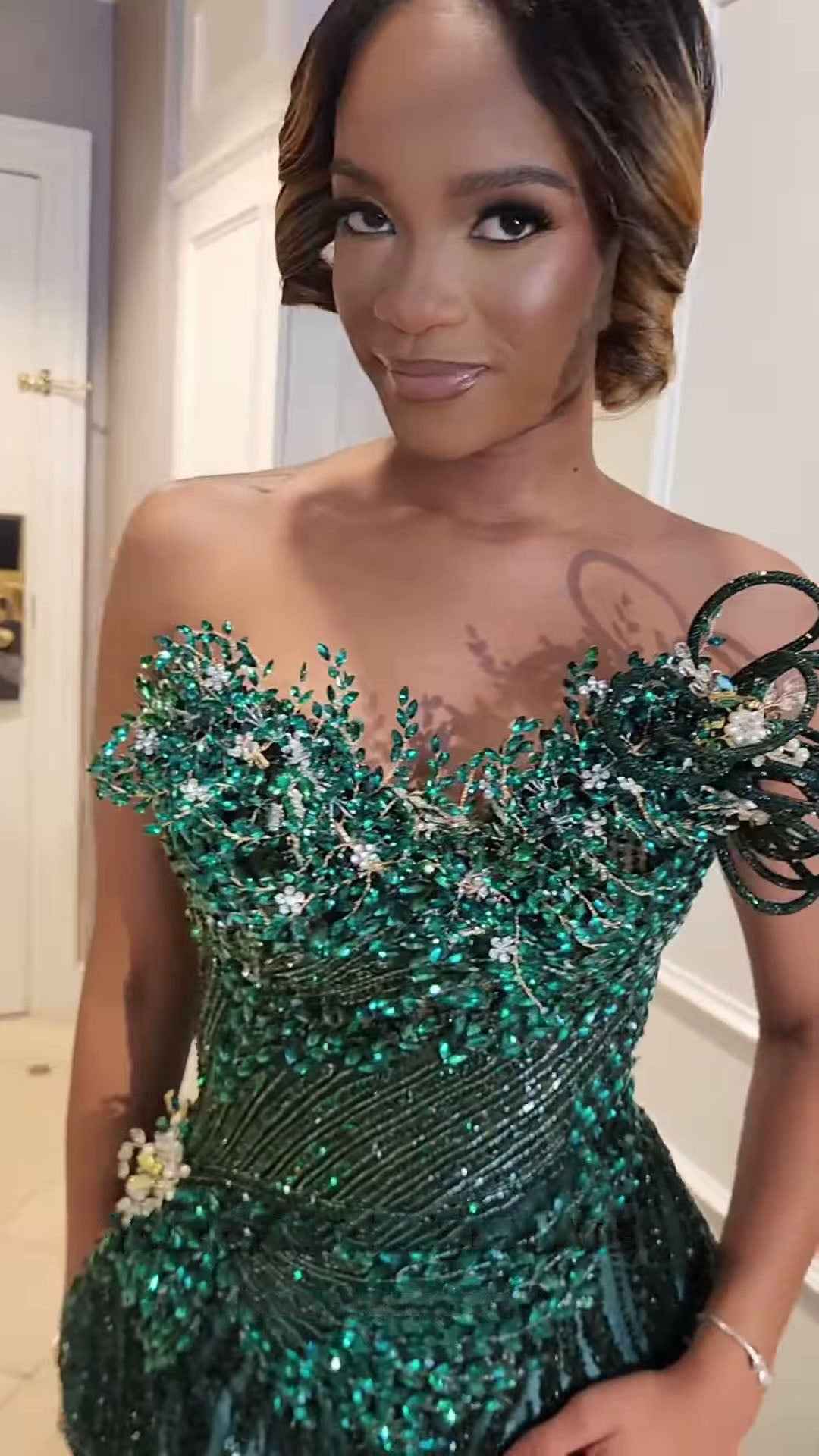 Emerald Enchantment - Sequined Prom Dress with 3D Florals & Spiral Details