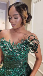 Emerald Enchantment - Sequined Prom Dress with 3D Florals & Spiral Details