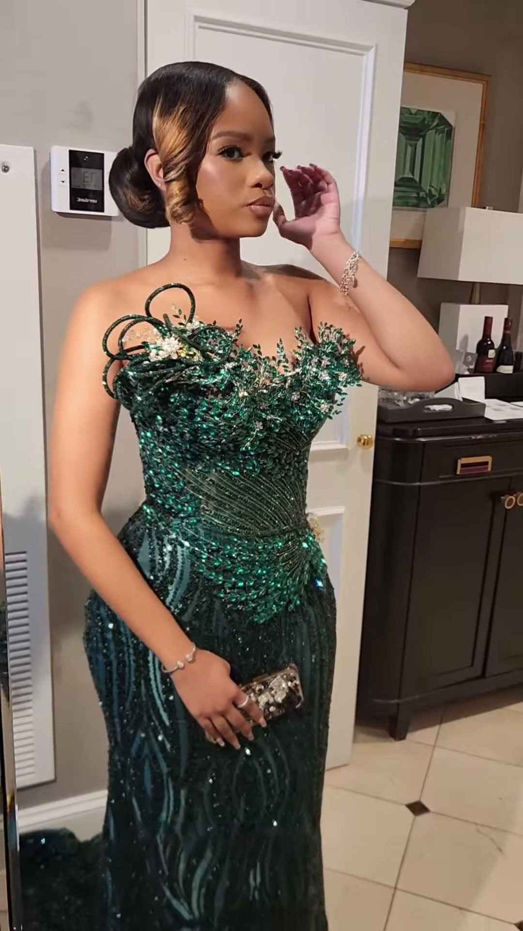 Emerald Enchantment - Sequined Prom Dress with 3D Florals & Spiral Details