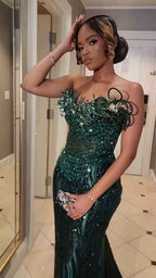 Emerald Enchantment - Sequined Prom Dress with 3D Florals & Spiral Details
